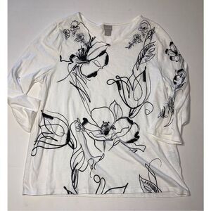 Chico's Womans Blouse Top White Large 2 Floral Sequin 3/4 Sleeve Round Neck